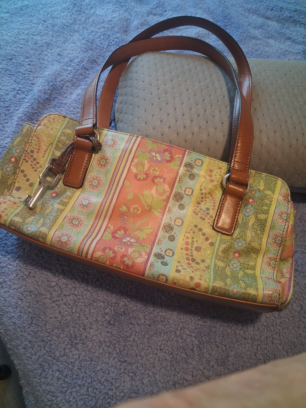 Women's Vintage Fossil Faux Leather Floral Shoulder Bag Leather Straps 12 X 6